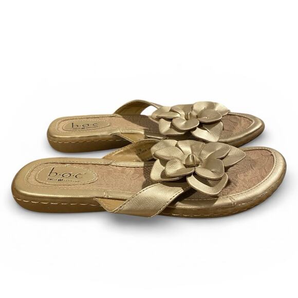 Born Flip Flop Sandals Women's 7 Gold Leather Flower Accent Comfort Flats - Picture 2 of 9